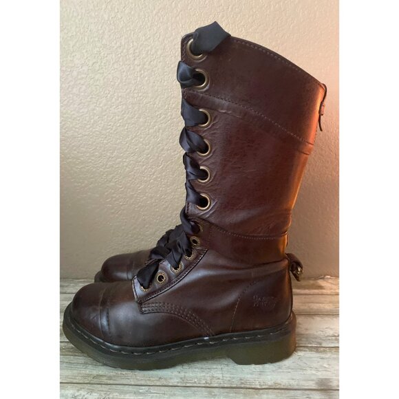 Dr. Martens Shoes - Dr Martens Triumph 1914 Brown Leather Floral Fold-Over Boots 14 Eyelet Women’s 7